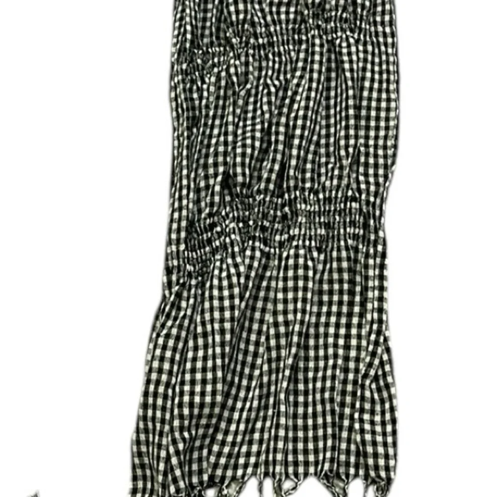 Smocked Black and White Plaid Striped Fashion Scarf with Fringe 70 x 25 inches